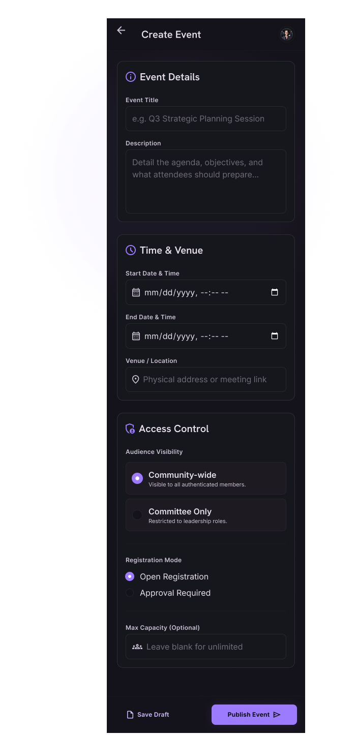 Tribalix event creation flow