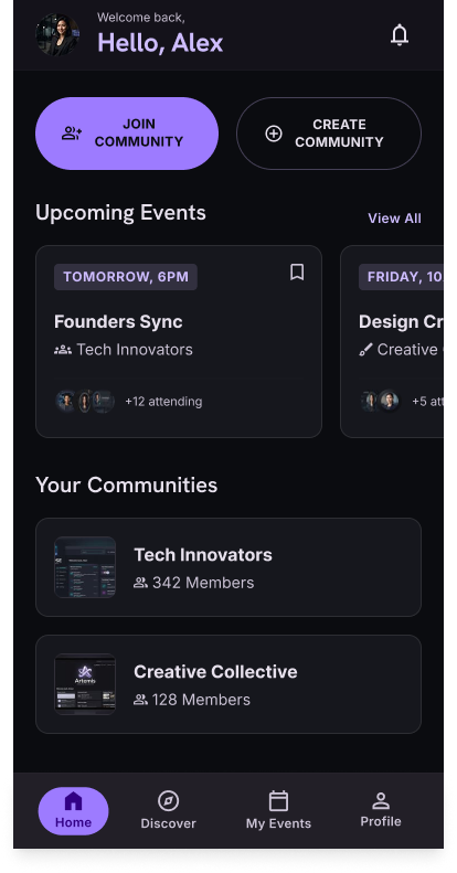 Tribalix community home showing events and tasks