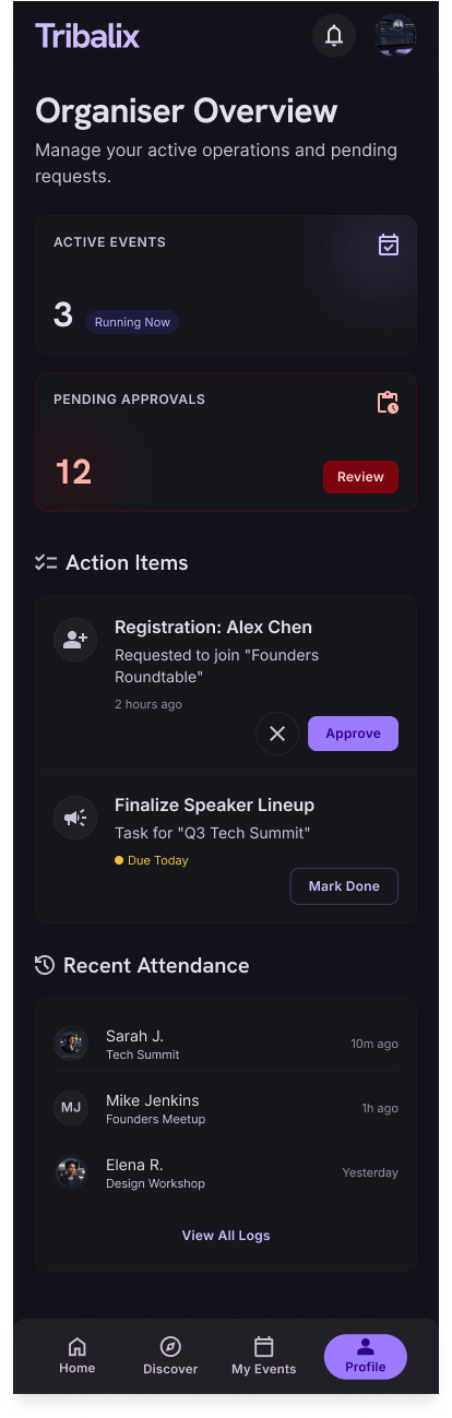 Tribalix organiser dashboard